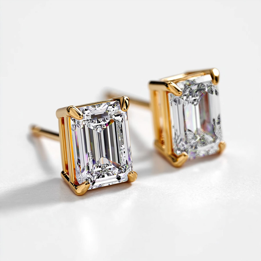 14K Yellow Gold Studs Earrings set with 3 Carat Emeralds Natural