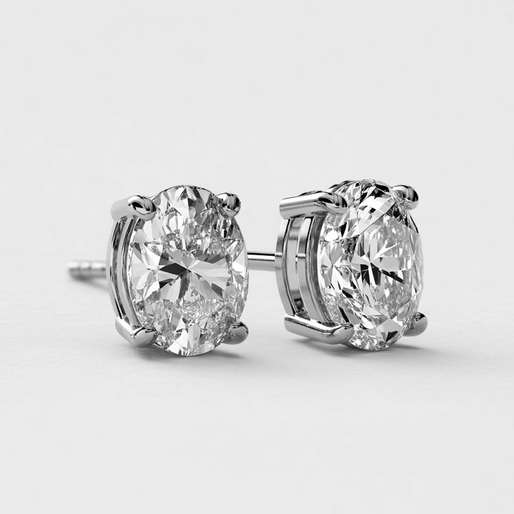 14K White Gold Studs Earrings set with 1.5 Carat Ovals Natural