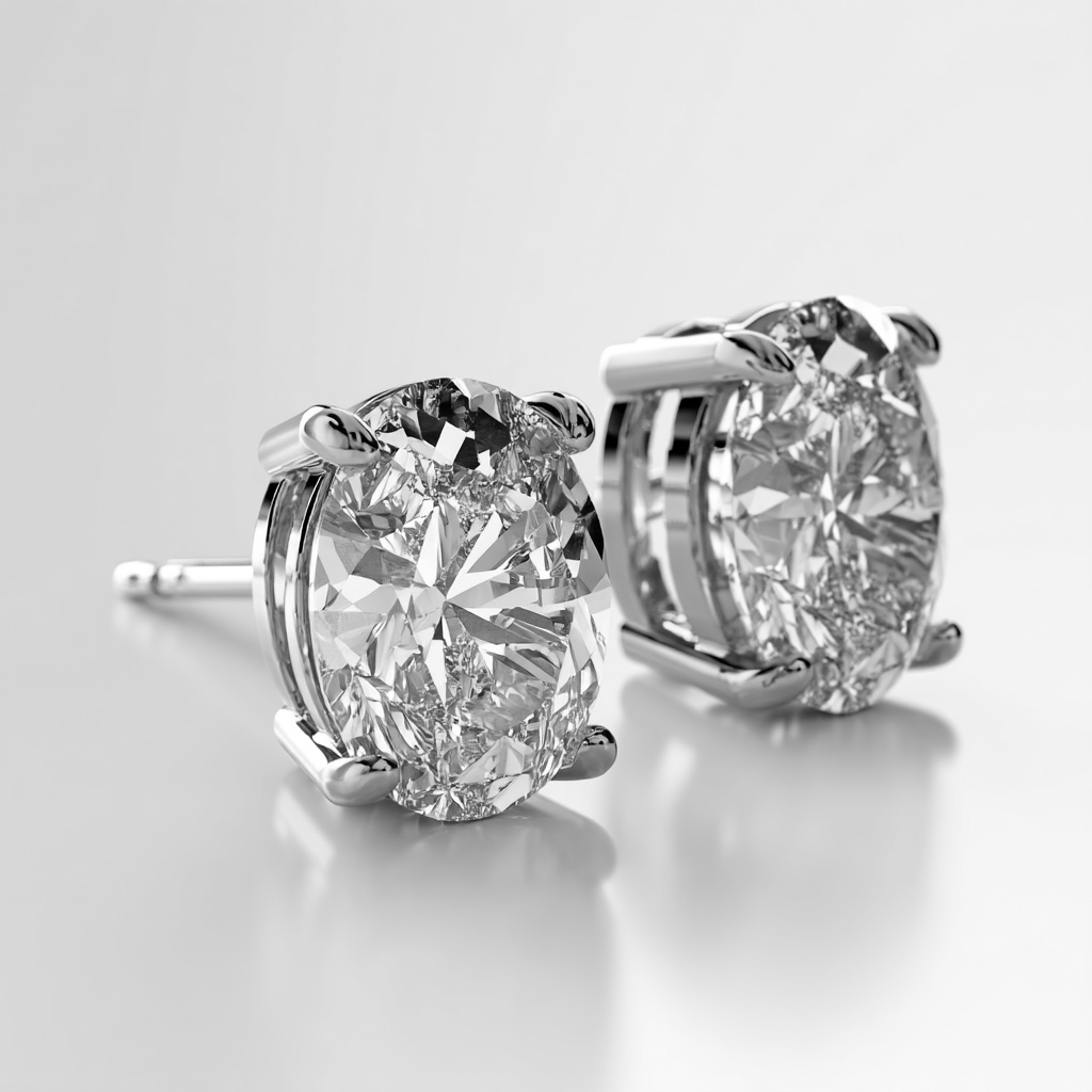 14K White Gold Studs Earrings set with 2 Carat Ovals Natural