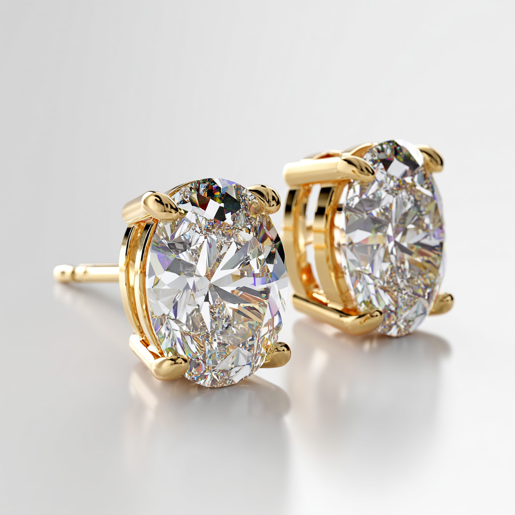 14K Yellow Gold Studs Earrings set with 2 Carat Ovals Natural