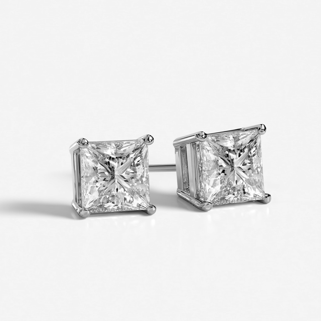 14K White Gold Studs Earrings set with 2 Carat Princess Natural