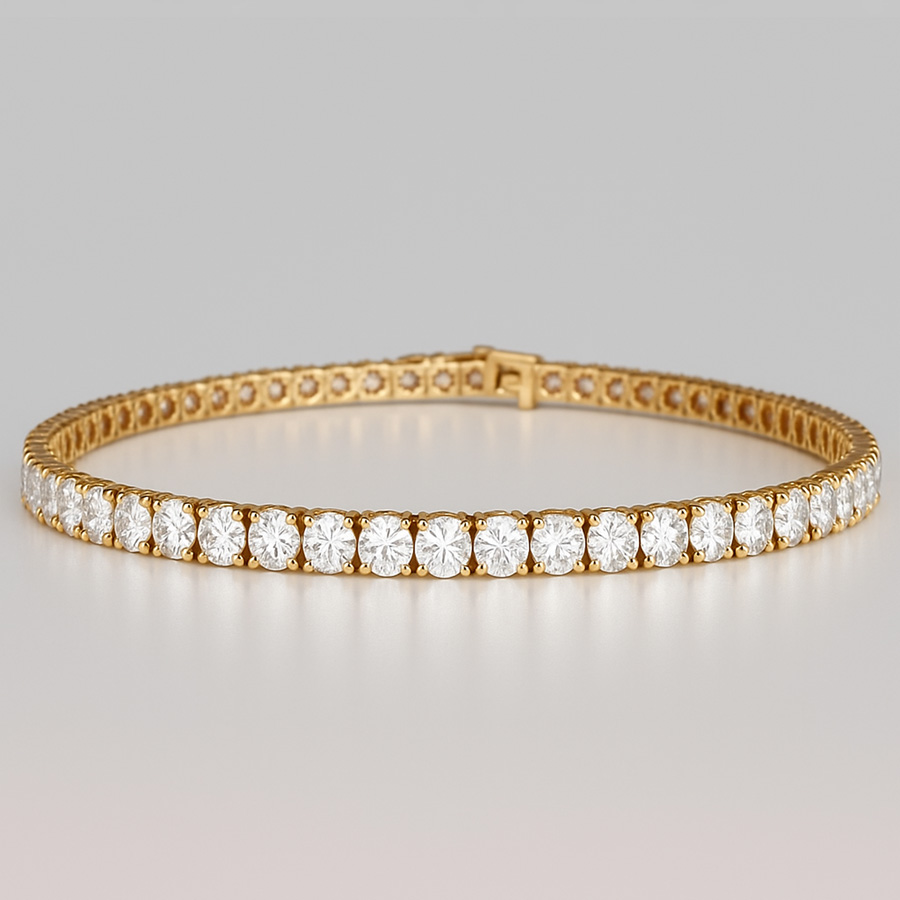 14K Yellow Gold Tennis Bracelet set with 15 Carat Round Lab
