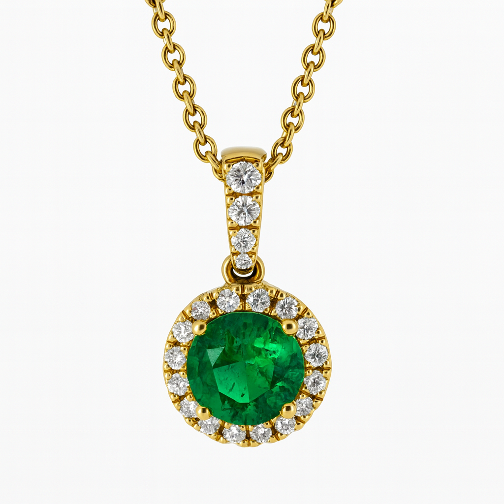Round Emerald and Diamond Halo Pendant Necklace